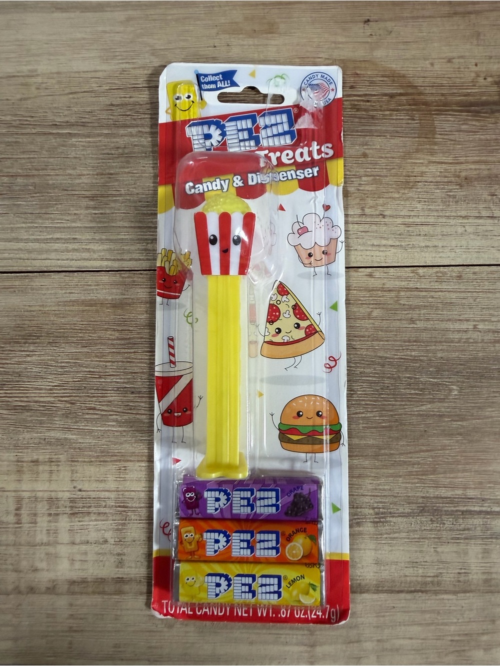 PEZ Treats Candy & Dispenser - Yellow Popcorn Design. Collectible